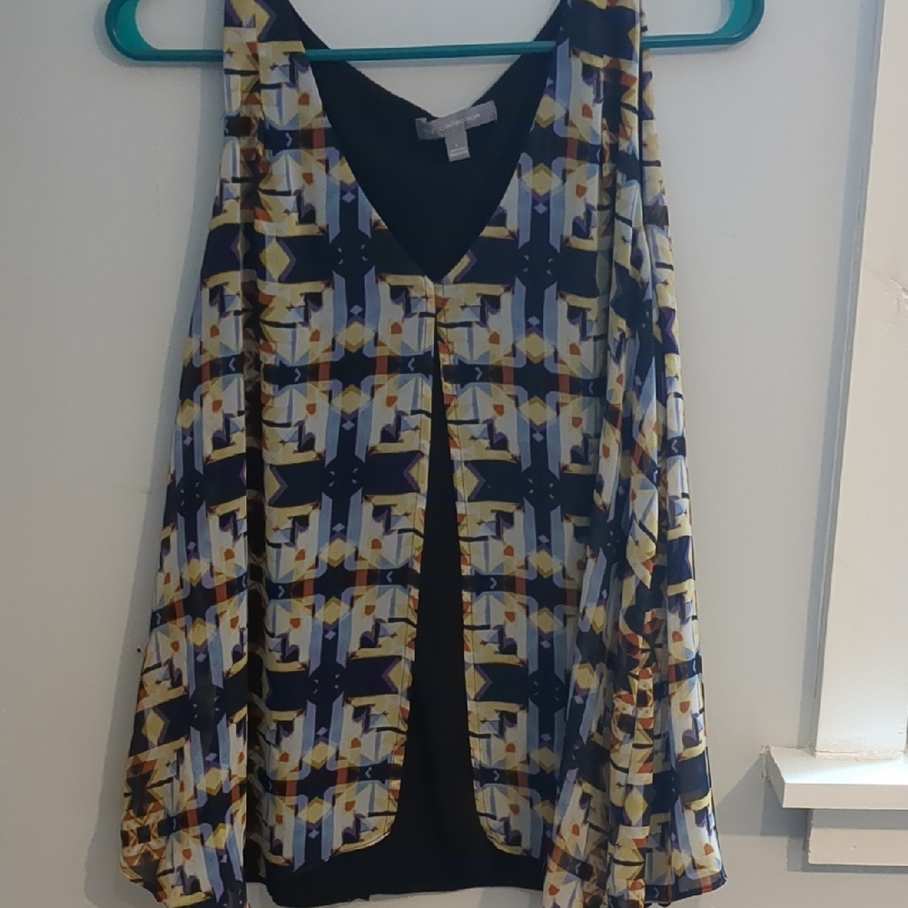 NY Collection Geometric V-Neck Blouse in Navy, Yellow, Cream and Gray